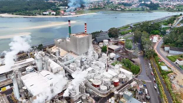 Aerial view of the Ence pulp mill industrial complex Spain. Aerial view of the Ence pulp mill industrial complex Spain.