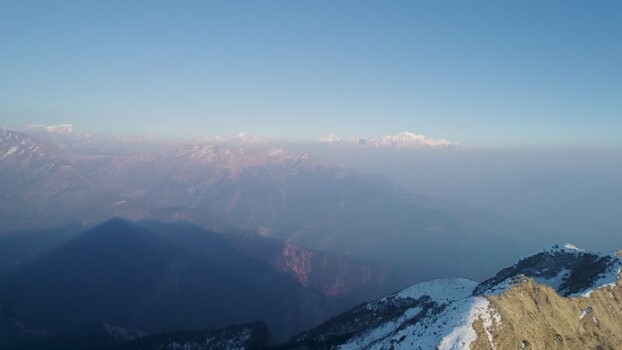 Aerial view of the snow capped Himalayan peaks in India.