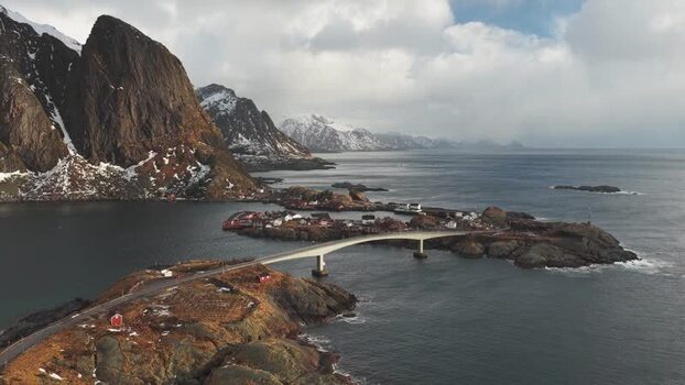 Aerial view of bridge in Hamn&oslash;y Norway.