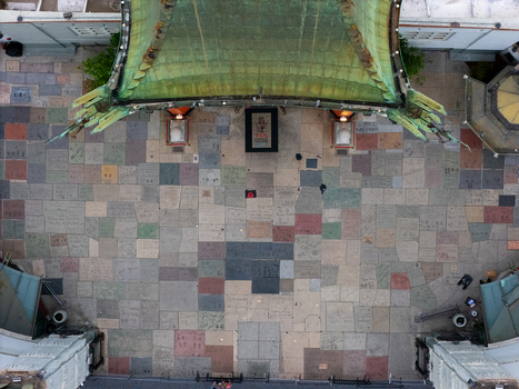 Los Angeles United States 25 September 2026 Aerial view of the TCL Chinese Theatre forecourt and the Hollywood Walk of Fame featuring iconic handprints and signatures on the stone tiles.