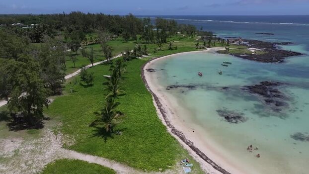 Aerial view of Belle Mare Beach in Quatre Cocos Mauritius.
