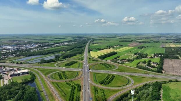 Aerial view of a highway cloverleaf interchange Netherlands.