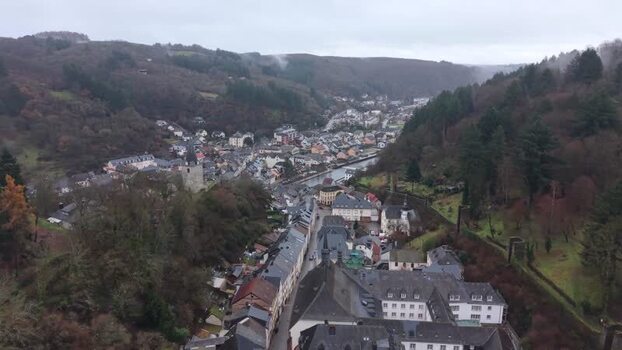 Aerial view of Vianden Castle and town in Vianden Luxembourg.
