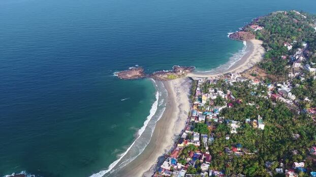 Aerial view of Kovalam beach coastline and palm trees India. Aerial view of Kovalam beach coastline and palm trees India.