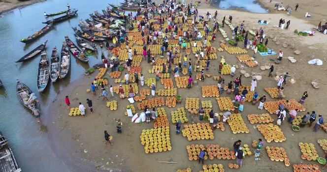 Aerial view of a bustling riverbank market Bangladesh.