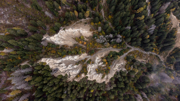 Aerial view of the Erdpyramiden Percha geological earth pyramids surrounded by dense coniferous forest with autumn foliage in Plata Trentino Alto Adige Italy. Aerial view of the Erdpyramiden Percha geological earth pyramids surrounded by dense coniferous forest with autumn foliage in Plata Trentino Alto Adige Italy.