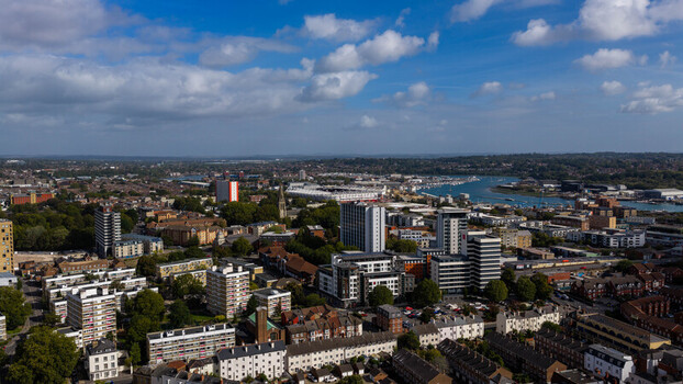 Aerial view of the urban skyline and harbor in Southampton England United Kingdom. Aerial view of the urban skyline and harbor in Southampton England United Kingdom.