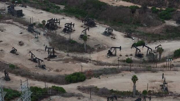 Aerial view of oil pumpjacks in Baldwin Hills United States.