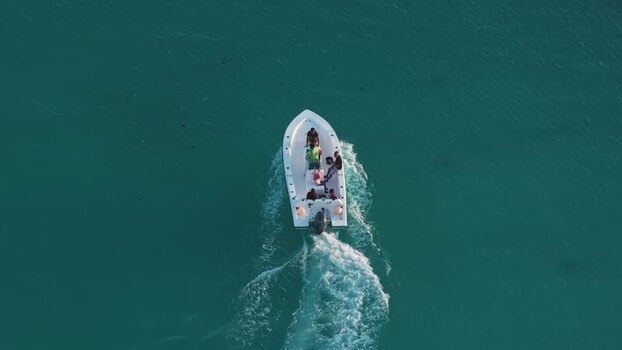 Aerial view of a motorboat cruising in turquoise waters Maldives. Aerial view of a motorboat cruising in turquoise waters Maldives.
