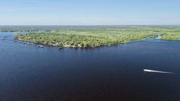 Aerial view of the dark river water contrasting with the lush green forest a boat speeds by St. Augustine Florida United States. Aerial view of the dark river water contrasting with the lush green forest a boat speeds by St. Augustine Florida United States.