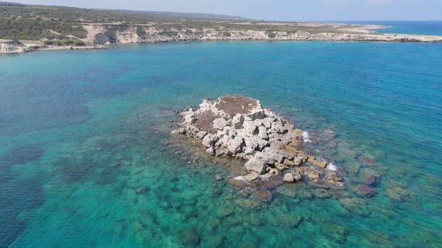 Aerial view of rocky islet in the Mediterranean Sea Northern Cyprus.