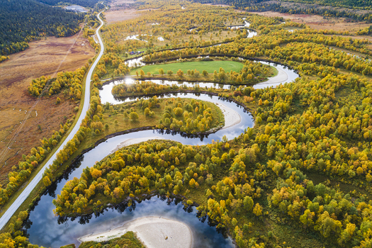 Aerial view of the Ljusnan river winding through a vibrant autumn forest with golden trees and a nearby road in Bruksvallarna Jamtland County Sweden. Aerial view of the Ljusnan river winding through a vibrant autumn forest with golden trees and a nearby road in Bruksvallarna Jamtland County Sweden.