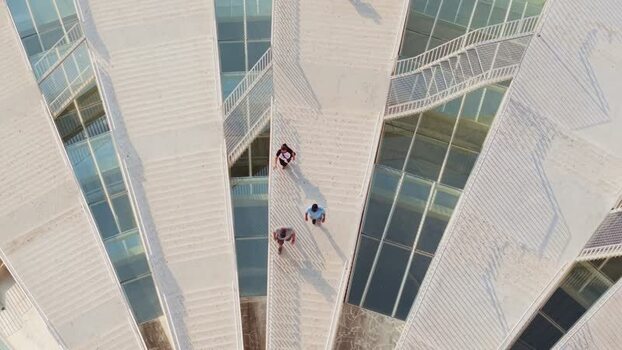 Aerial view of people walking on the Pyramid of Tirana Albania.