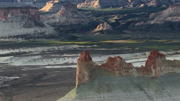 Aerial view of Bozjyra limestone cliffs and desert landscape Kazakhstan. Aerial view of Bozjyra limestone cliffs and desert landscape Kazakhstan.