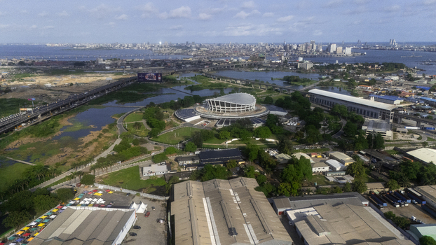 Aerial view of the Wole Soyinka Centre for Culture and Creative Arts National Theatre Nigeria with its unique circular architecture surrounded by greenery in Lagos Lagos Nigeria.