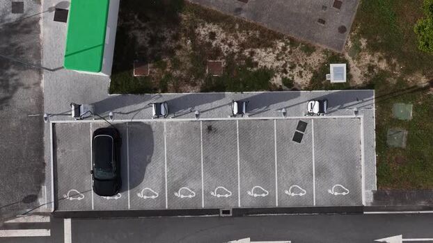 Aerial view of an electric vehicle charging station Portugal.