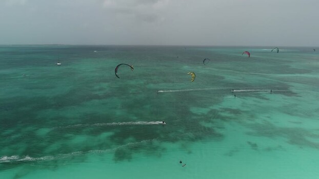 Aerial view of kitesurfers in Los Roques archipelago Venezuela.