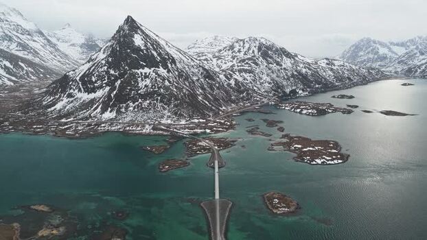 Aerial view of Flakstadbruene Norway.