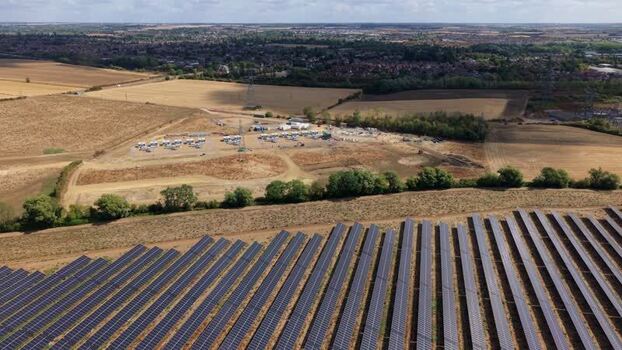 Aerial view of Eaton Socon solar farm in St. Neots United Kingdom.