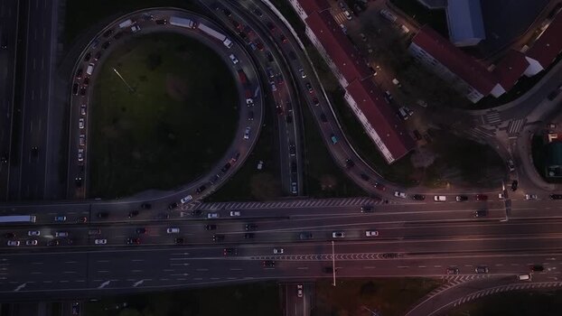 Aerial view of highway interchange and buildings Portugal.