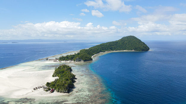 Aerial view of the lush green islands of Raja Ampat surrounded by turquoise coral reefs and deep blue ocean waters in Raja Ampat Southwest Papua Indonesia.