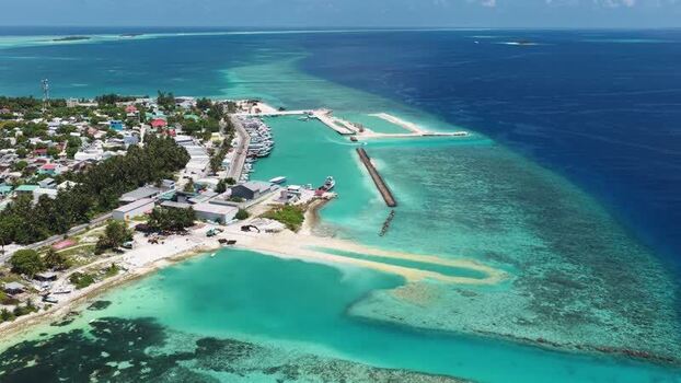 Aerial view of the harbor and turquoise waters in Maldives.