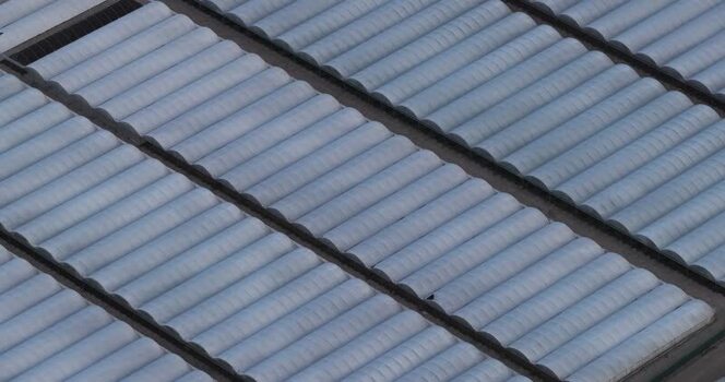 Aerial view of industrial greenhouses in rows Italy.