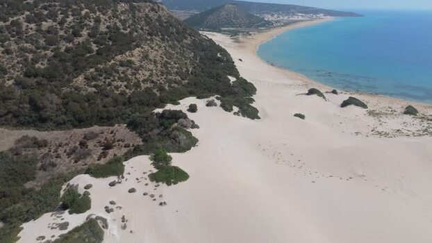 Aerial view of sandy dunes and coastline in Northern Cyprus.