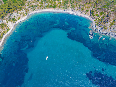 Aerial view of the turquoise waters of a bay in Capoliveri surrounded by rocky cliffs lush green vegetation and small boats near the sandy beach in Capoliveri Tuscany Italy.