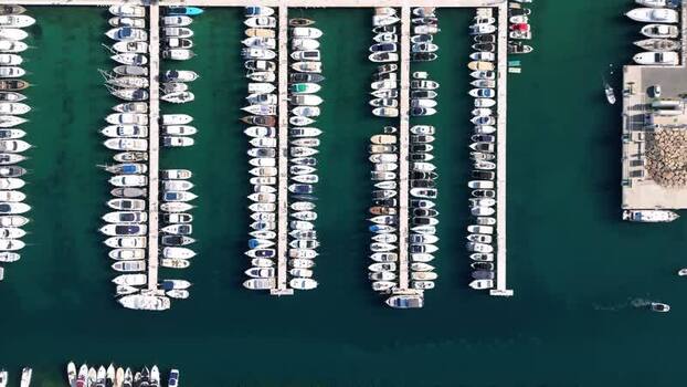 Aerial view of boats in the marina of Moraira Spain.
