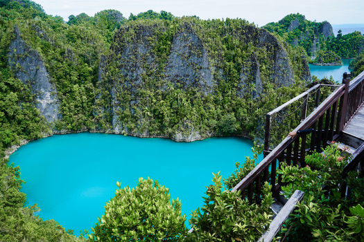 View of the turquoise waters of a heart shaped lake surrounded by steep limestone cliffs and dense tropical vegetation in Raja Ampat Indonesia. View of the turquoise waters of a heart shaped lake surrounded by steep limestone cliffs and dense tropical vegetation in Raja Ampat Indonesia.