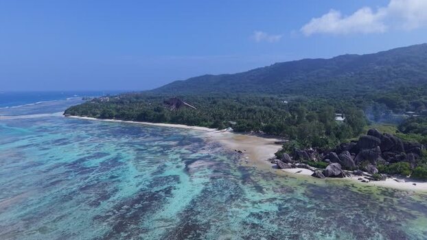 Aerial view of Anse Reunion beach Seychelles.