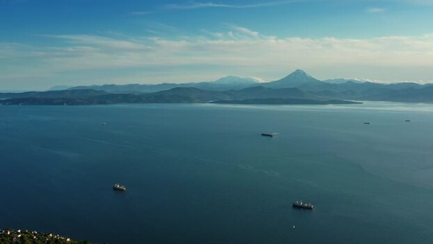 Aerial view of ships in Avacha Bay Russia.