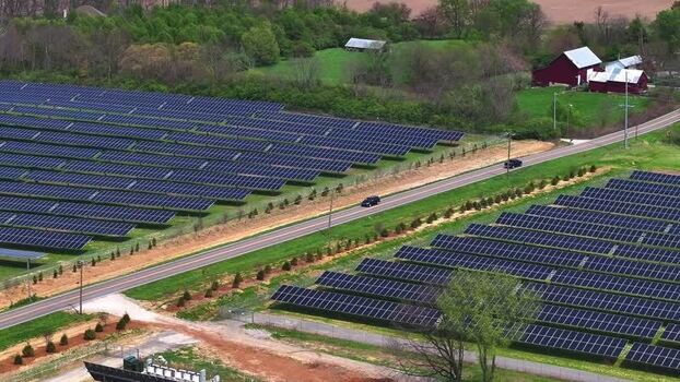 Aerial view of a solar farm and rural landscape in Lebanon United States. Aerial view of a solar farm and rural landscape in Lebanon United States.