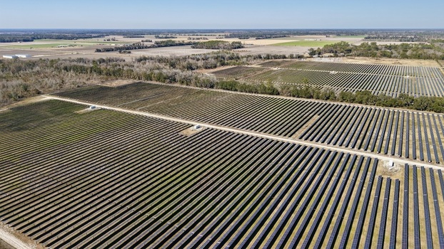 Aerial view of rows of solar panels gleaming under the clear sky contrasting with the surrounding greenery Elkton Florida United States. Aerial view of rows of solar panels gleaming under the clear sky contrasting with the surrounding greenery Elkton Florida United States.