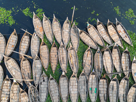Dhaka Division Bangladesh 23 January 2026 Aerial view of numerous traditional wooden boats moored on the Buriganga River surrounded by green aquatic plants.