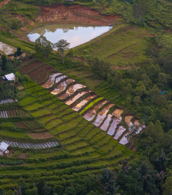 Aerial view of Bangka Kenda terraced rice fields with water reflecting the sky surrounded by lush green hills and a small pond in Wae Rii East Nusa Tenggara Indonesia.