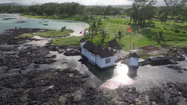 Aerial view of temple on Belle Mare Beach in Mauritius.