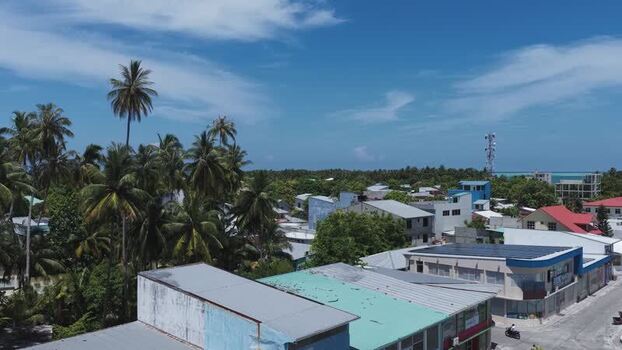 Aerial view of rooftops and palm trees in Kudahuvadhoo Maldives.