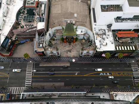 Los Angeles United States 25 September 2026 Aerial view of the TCL Chinese Theatre and the Hollywood Walk of Fame with traffic on Hollywood Boulevard in Los Angeles California United States.