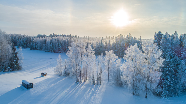 Aerial view of a snow covered forest landscape with frost covered trees and two small wooden structures in the snow under a bright winter sun in Latvia. Aerial view of a snow covered forest landscape with frost covered trees and two small wooden structures in the snow under a bright winter sun in Latvia.