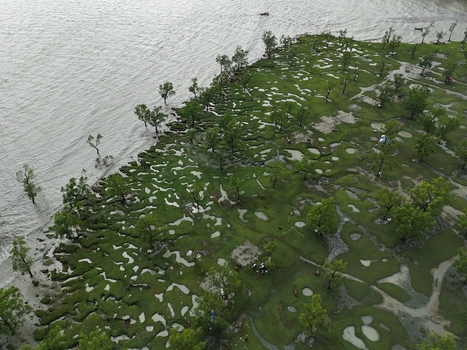 Aerial view of the lush mangrove forest and tidal pools along the coastline in Sitakund Chittagong Division Bangladesh. Aerial view of the lush mangrove forest and tidal pools along the coastline in Sitakund Chittagong Division Bangladesh.