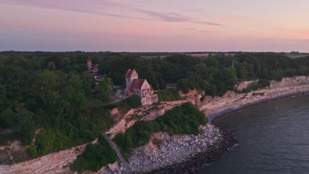 Aerial view of Old Hojerup Church on Stevns Klint Denmark.