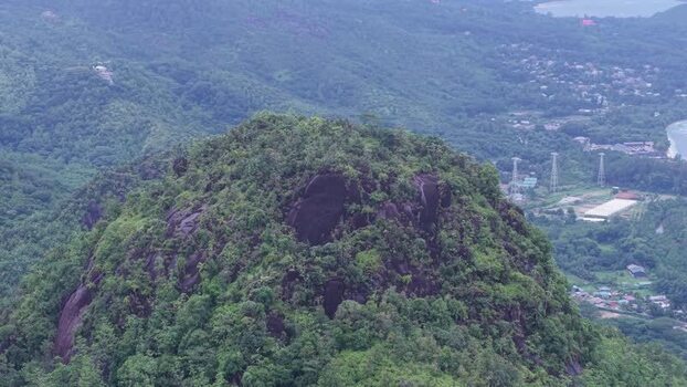 Aerial view of a lush mountain in Victoria Seychelles.