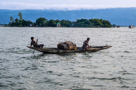 View of Tanguar Haor with two men in a wooden boat transporting a pile of logs across the water in Sunamganj District Sylhet Division Bangladesh.