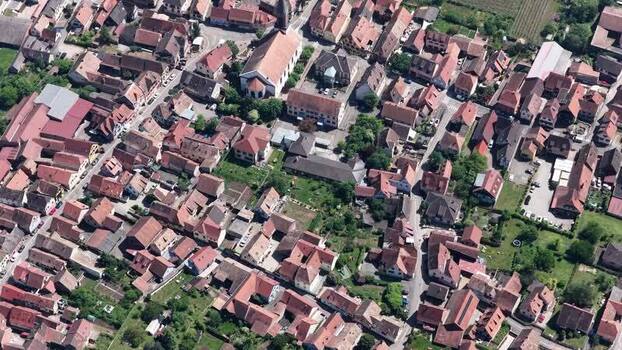 Aerial view of the historic rooftops and church in Selestat France.
