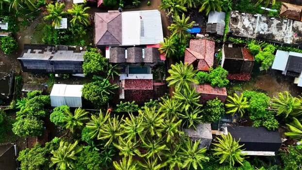 Aerial view of tropical houses in Bali Indonesia.