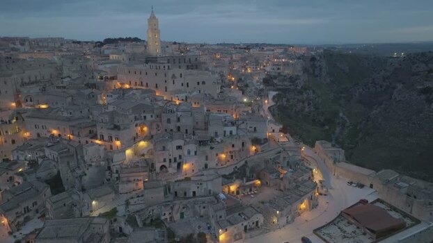 Aerial view of Sassi di Matera at twilight Italy.