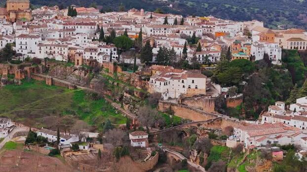 Aerial view of the historic cliffside town of Ronda Spain.