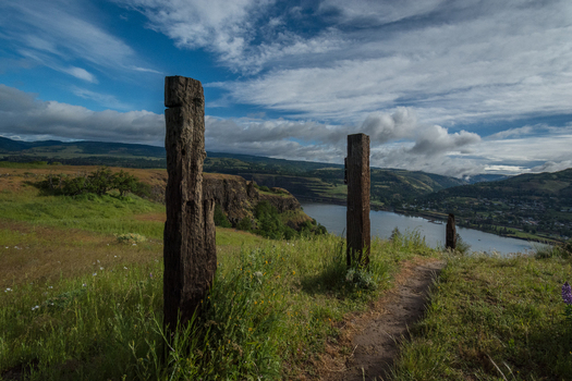 View of the Columbia River Gorge from a grassy hillside with weathered wooden posts rolling hills and a cloudy blue sky in Hood River Oregon United States.